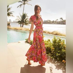 S/W/F Frida Floral One-Shoulder Puff Sleeve Maxi Dress Tiered Cotton Size XS